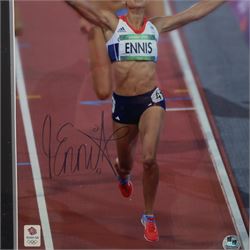 Two limited edition signed London 2012 Olympic colour photographs, the first depicting Jessica Ennis crossing the finish line, with her signature in black marker pen, the second depicting Victoria Pendleton in celebration, with her signature to the left hand side in black marker pen, both with 2012 Olympic Memorabilia authenticity holograms, largest frame H60cm