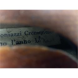 Mid-19th century German violin with 36cm two-piece maple back and ribs and spruce top, bears label 'Riccardo Antoniazzi Cremonese fece in Milano l'anno 1896' L59.5cm overall; in walnut case with two part bows