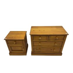 Solid pine chest, fitted with two short and two long drawers; and matching three drawer pedestal chest