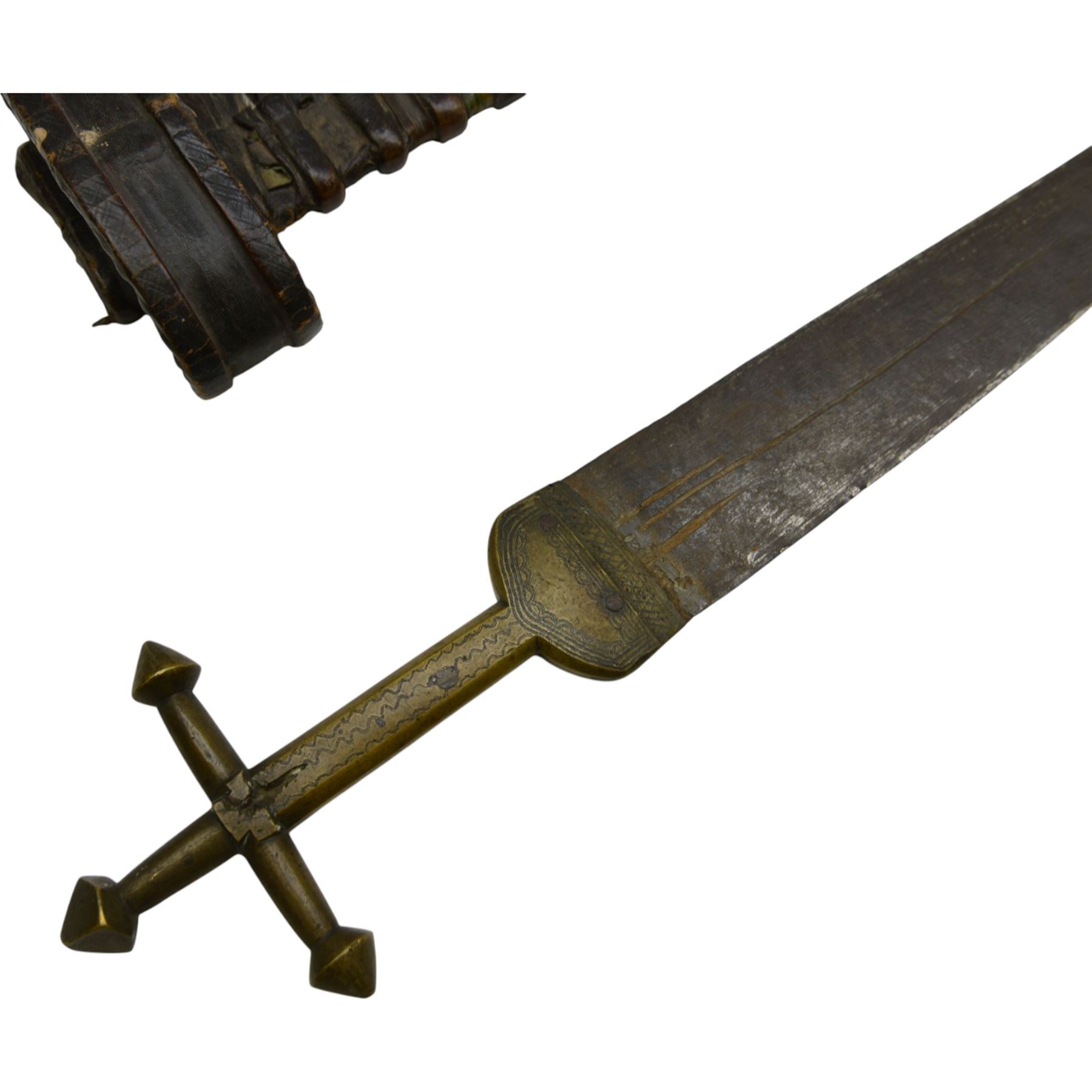 Replica Japanese katana with 63cm curved single edged blade in scabbard, overall L93cm, together with dagger with brass handle in a leather scabbard 