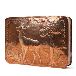 Arts & Crafts copper panel with relief decoration of a stag 27cm x 40cm