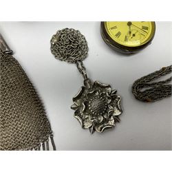 Silver cigarette case, hallmarked together with a chainmail evening bag with silver clasp and handle, hallmarked, continental silver pocket watch, stamped 800 etc 