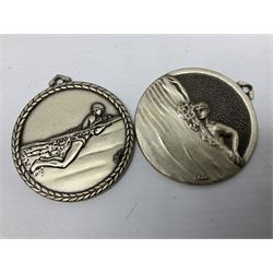 Porcupine quill box with sliding lid, together with another metal box decorated with ship to lid, two medals related to swimming etc