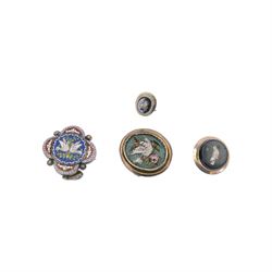 Micro mosaic Doves of Pliny bracelet, within a silver filigree band, together with a micro mosaic dove of peace brooch encased in 18ct gold mount and three other brooches 