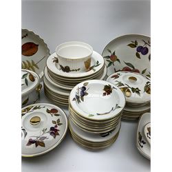 Royal Worcester Evesham dinner service including dinner plates, bowls and side plates all sets of six, five soup bowls, gravy boat and dish, four serving dishes with lids,  one platter, two serving dishes, two jars with lids and two other dishes. 