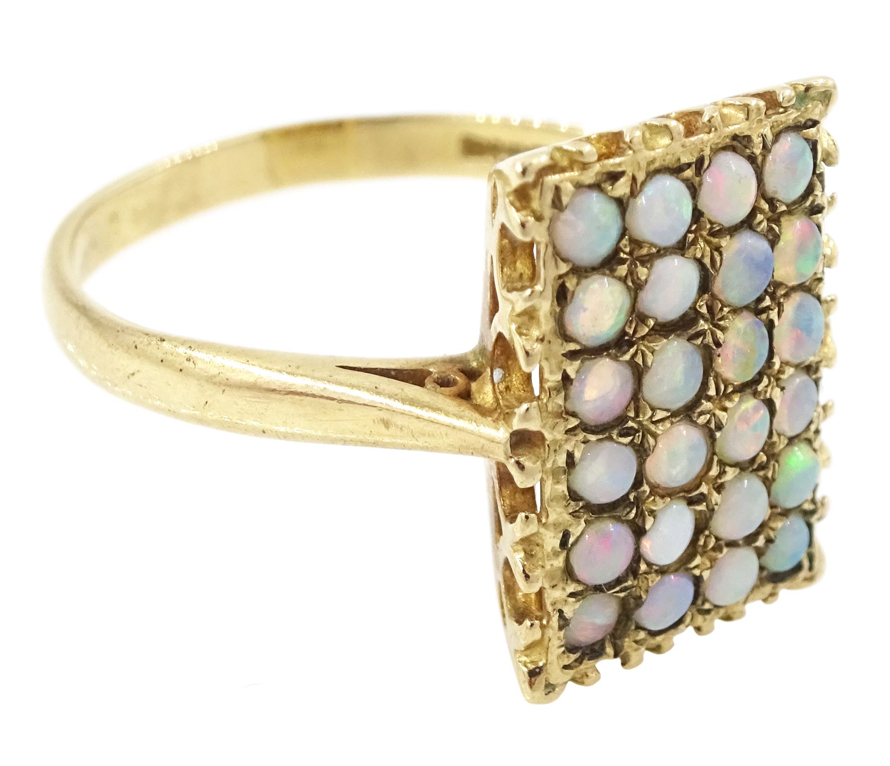 9ct gold opal panel ring, set with twenty-four opals, hallmarked