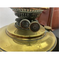 Brass oil lamp, with etched floral glass shade, leather Gladstone style doctors bag, leather satchel and vintage vanity case, three graduating wooden giraffes and other wood and metal ware, lamp H54cm