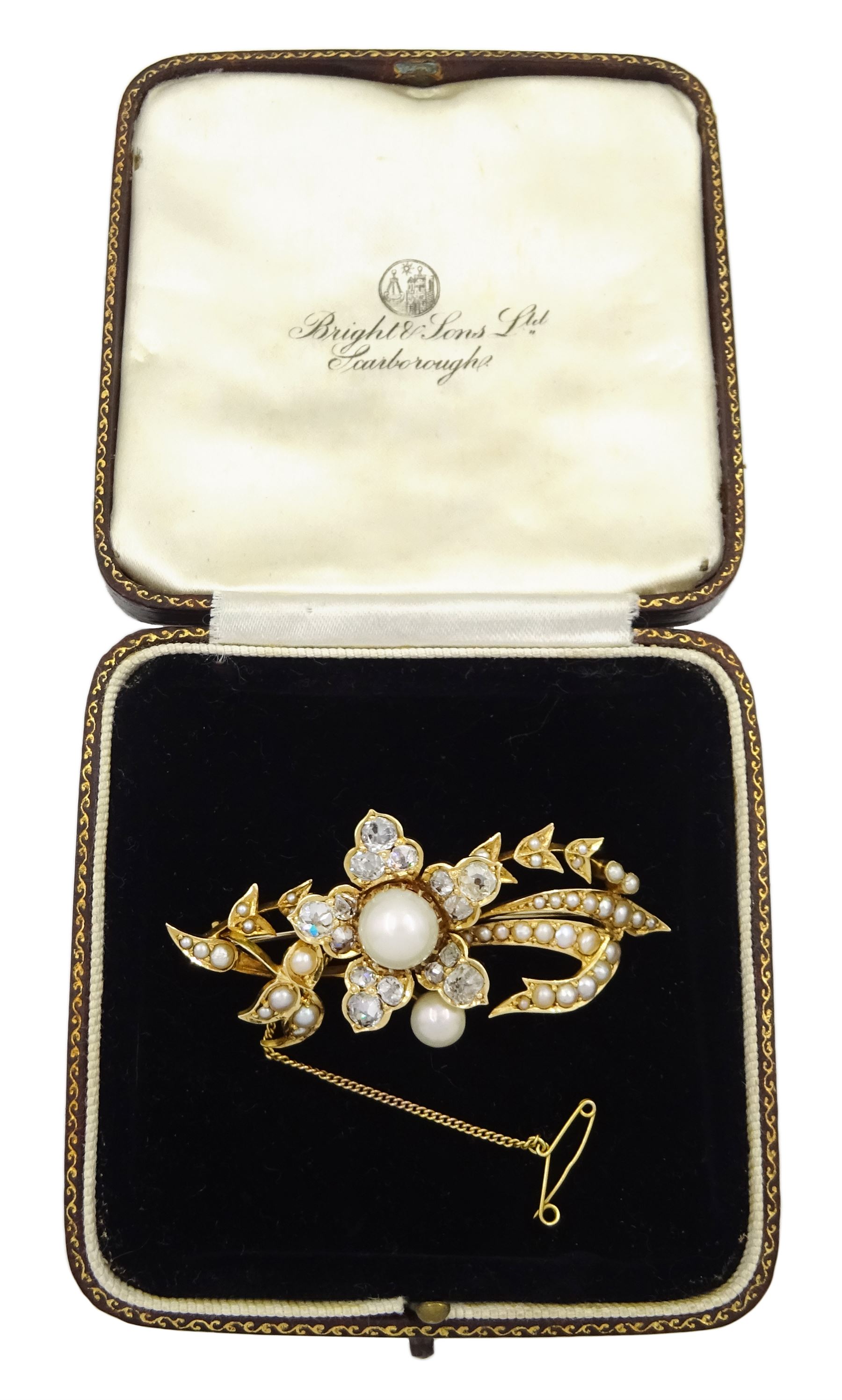 Early 20th century 18ct gold pearl and old cut diamond flower brooch, stamped 18.c, total diamond wight approx 2.60 carat
