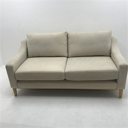 Three seat Noble & Jones  sofa, upholstered in a beige fabric, square tapering supports (W224cm) and a matching two seat sofa (W185cm)