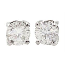 Pair of 18ct white gold round brilliant cut diamond stud earrings, hallmarked, total diamond weight approx 0.80 carat
