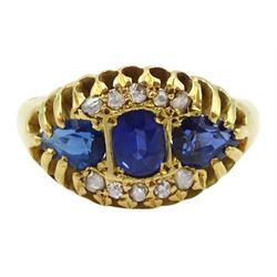 Edwardian 18ct gold two stone sapphire, blue paste stone and diamond cluster ring, Chester 1905