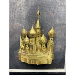 William Tolliday yellow metal study of a Russian Church, upon painted background within velvet and gilt wood frame, signed and dated to corner, H31cm