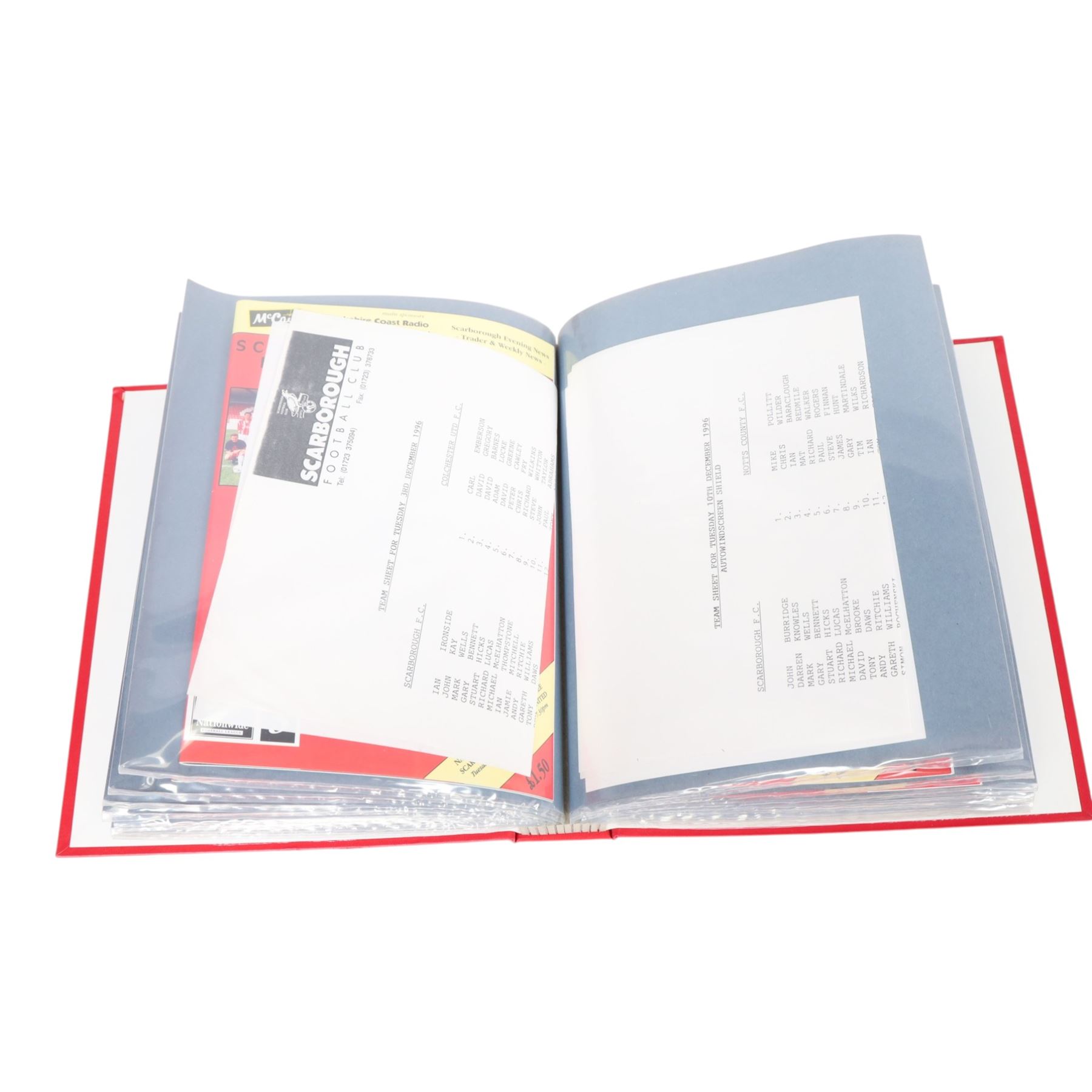 Comprehensive collection of approximately one-hundred and seventy Scarborough FC football programmes for the 1996/97, 1997/98 and 1998/99 seasons, all filed within six dedicated Scarborough FC red Home and Away binders