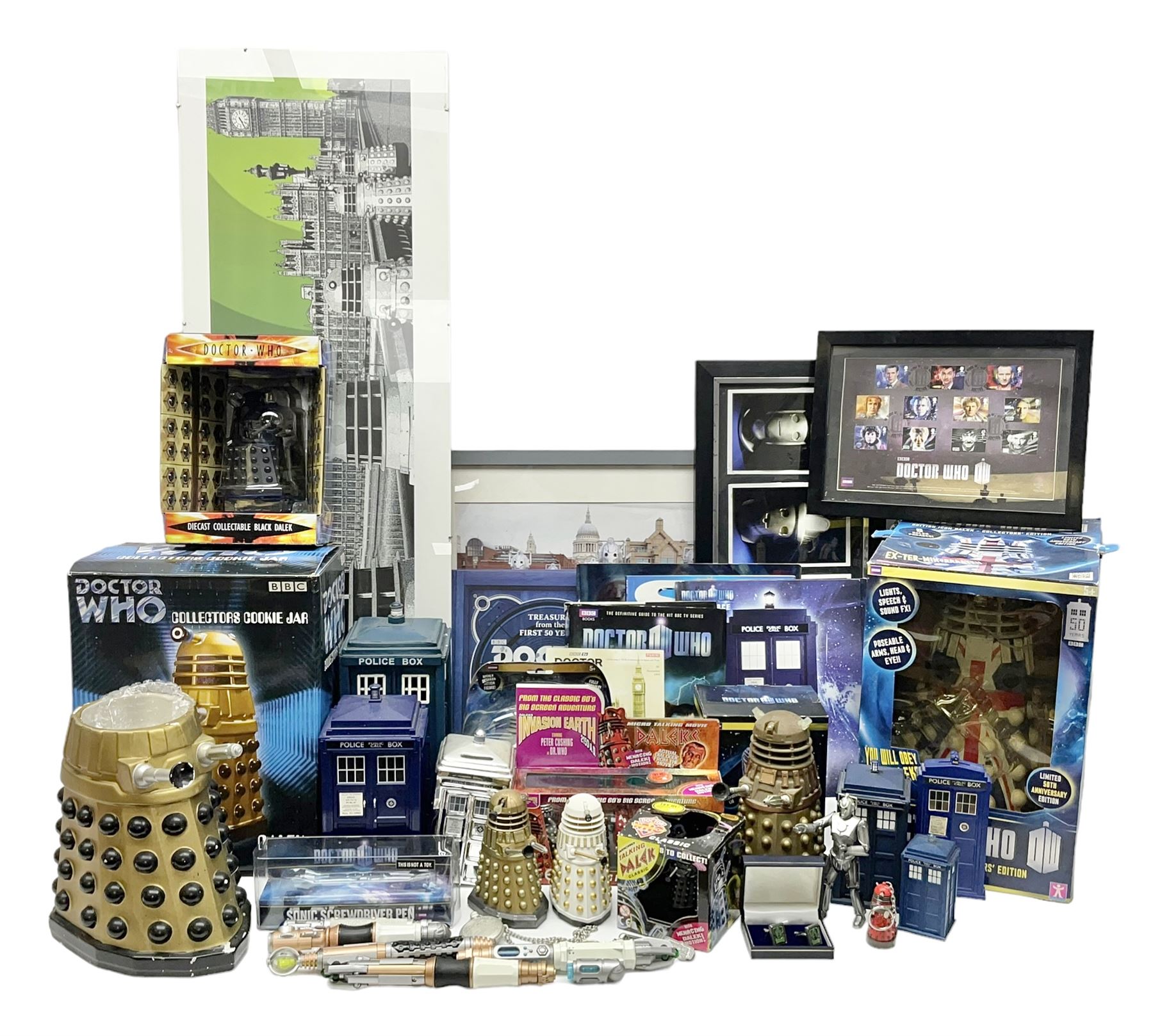 Doctor Who collectables to include ‘British Icon Dalek’ limited 50th anniversary edition in original box, collectors cookie jar, Dalek and Tardis related figures, sonic screwdrivers, small quantity of stamps, framed prints, books etc 