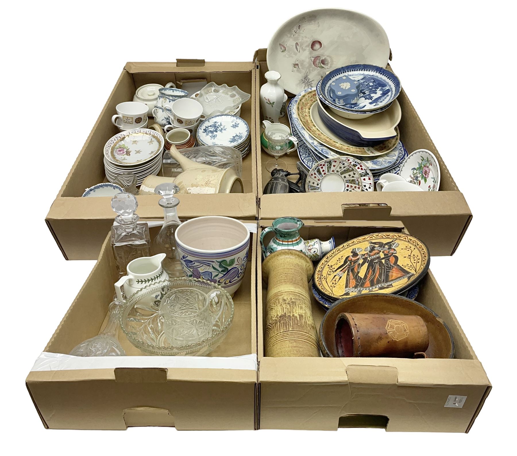 Portmeirion Botanic Garden jug, Poole Pottery planter, Denby coffee pot, Wedgwood Jasperware trinket box, Le Creuset oven dish and a collection of other ceramics, etc, in four boxes 