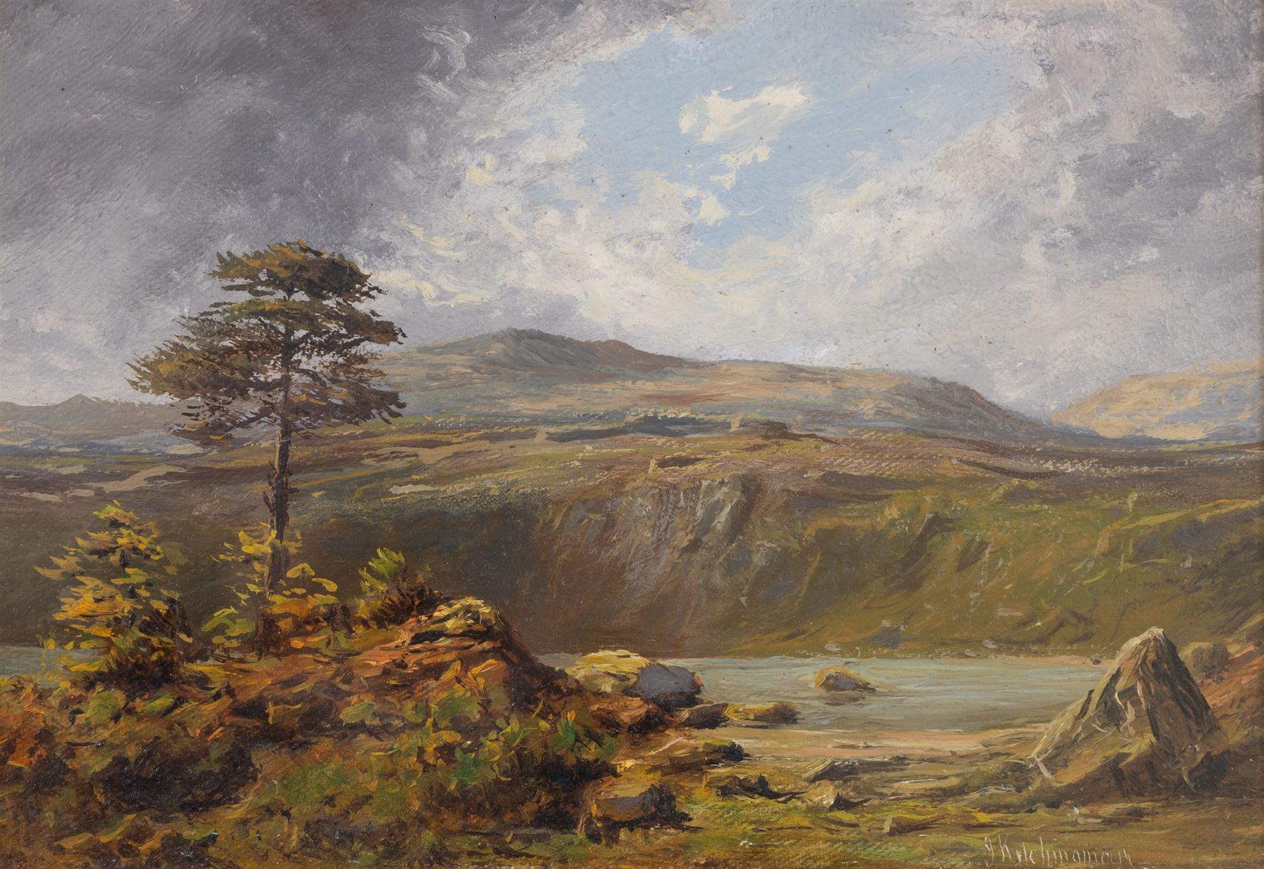 Joseph Kitchingman (British 1841-1915): 'Head of the Tarn - Wetherlam Cumberland', oil on canvas laid on panel signed, with original title label verso 16cm x 24cm 