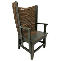 Late 19th to early 20th century Orkney chair, green painted pine frame and seat with curved rush back, square tapering supports joined by plain stretchers