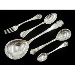 Large Danish silver spoon by Moe & Son, assay master Christian F. Heise, 1921, silver tablespoon, fork and teaspoon by Christian F. Heise, 1926 and one other spoon, all with hammered decoration, hallmarked, approx 8.1oz