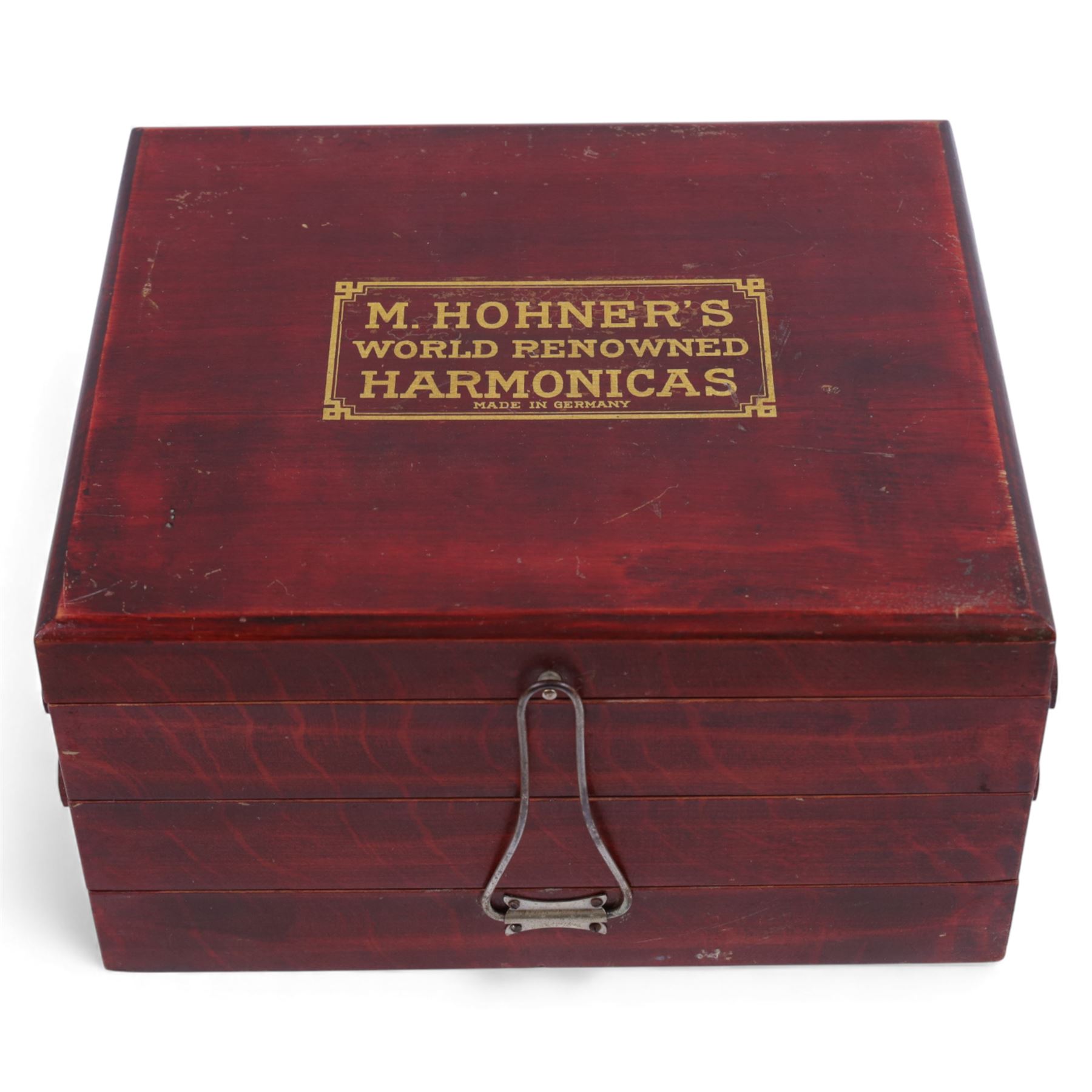 Hohner Harmonica three-tier advertising box, with gilt lettering to lid, H15cm