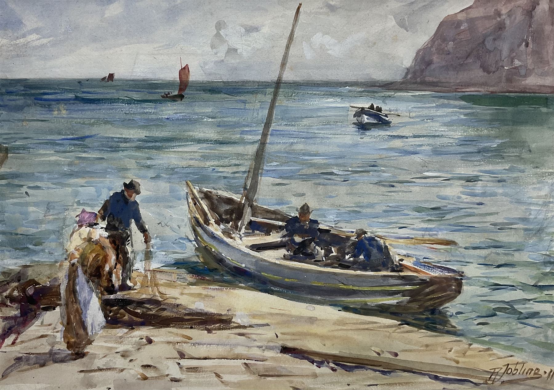 Robert Jobling (Staithes Group 1841-1923): Preparing to Launch a Coble at Staithes, watercolour signed and dated '11, 23cm x 33cm