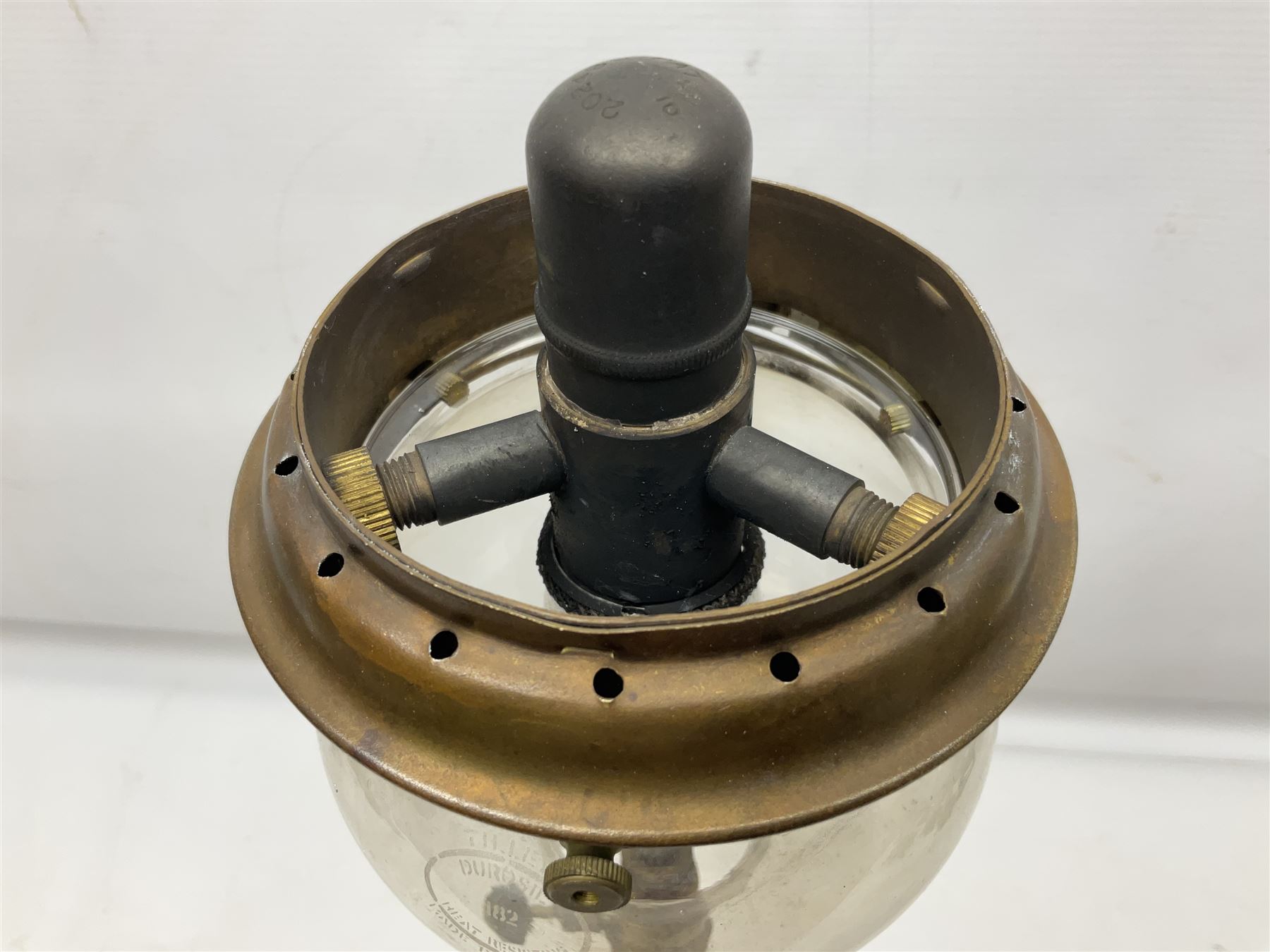 Mid century Tilley Table Model parffin lamp, with Tilley Durosil 182 glass globe shade, H53cm