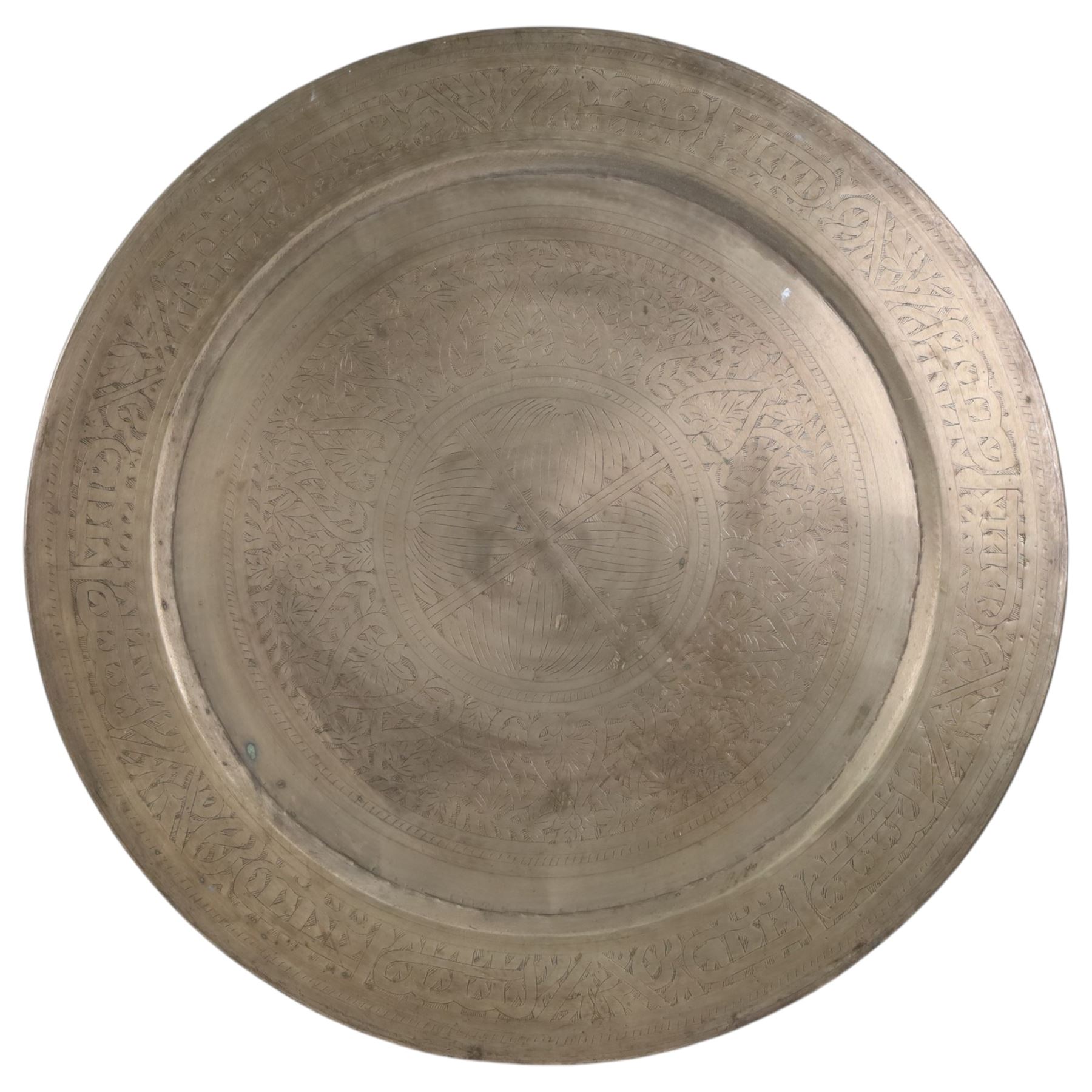 Large Eastern brass charger with floral and foliate engraved decoration, D70cm