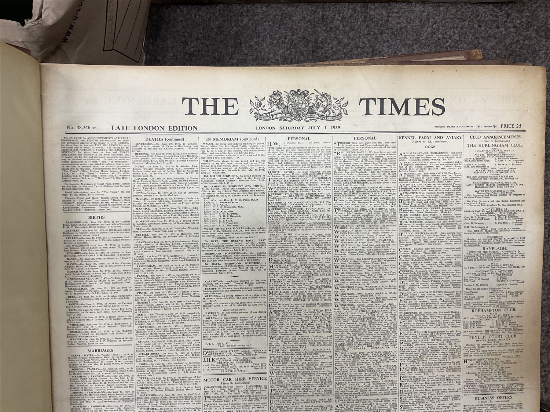 The Times Newspaper; an archive of The Times newspapers bound as four albums, comprising 1936 May & June, 1937 March & April, 1939 July & August 