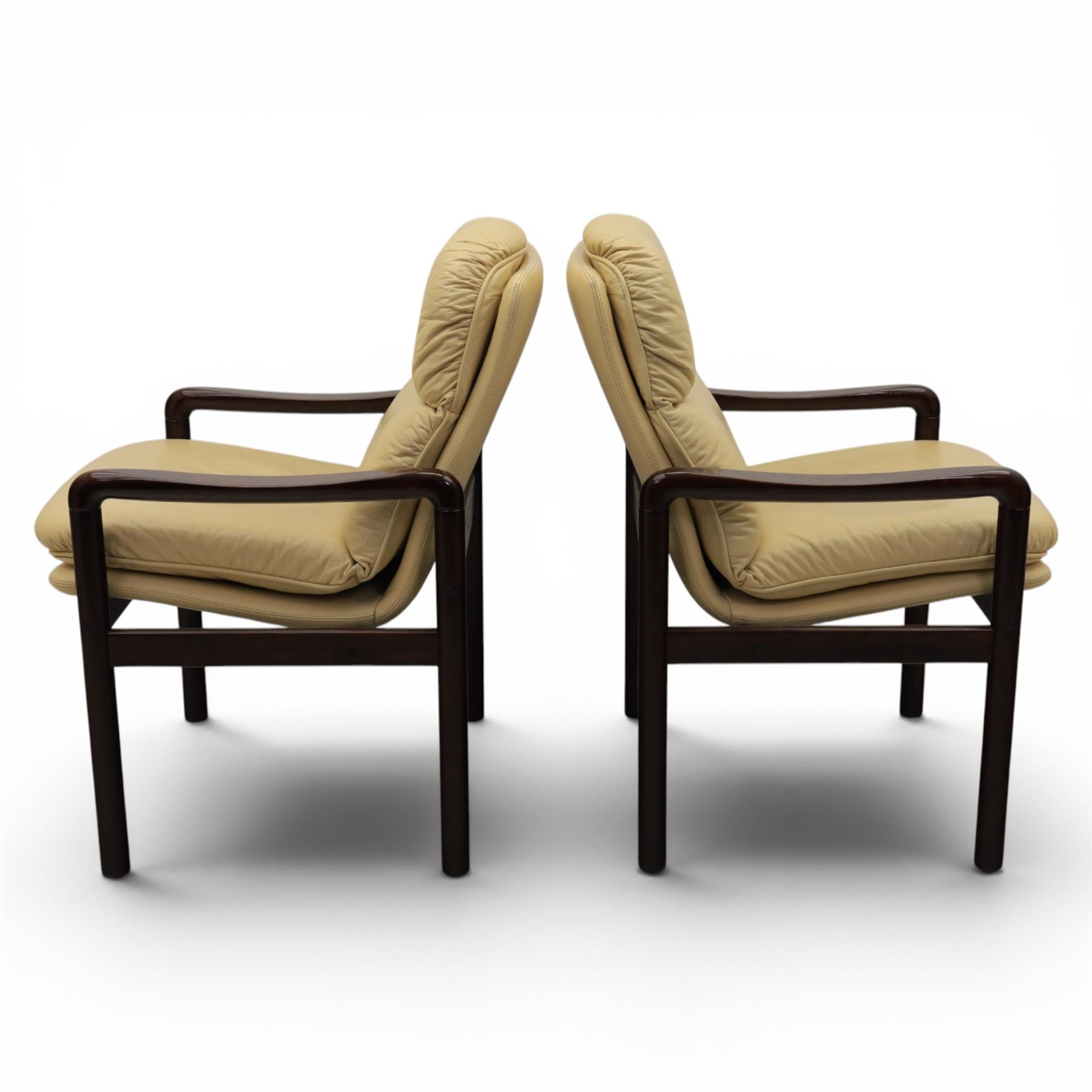 Dyrlund - pair of visitor chairs, solid Santos rosewood frame, rounded edges and broad armrests, seat and backrest with a removable cream leather over-stuffed cushions