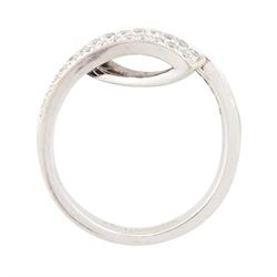 18t white gold diamond crossover ring, two rows of pave set round brilliant cut diamonds, hallmarked, total diamond weight 0.34 carat