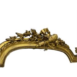 Large 19th century giltwood and gesso pier mirror, the stepped arch pediment decorated with central quiver surrounded by tailing ribbon and extending olive and floral branches, moulded frame decorated with beaded slip and ribbon twist, plain mirror plate 