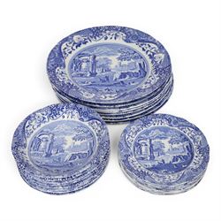 Spode Italian pattern dinner service for eight place settings, including dinner plates, side plates, soup bowls, bowls, two covered tureens, two graduating serving platters, serving bowl etc 