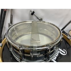 Pearl Vision SST Birch Ply shell four-piece drum kit in black comprising bass drum with foot pedal and three graduated toms; together with Pearl Custom Alloy Sensitone steel snare drum, drum and cymbal stands, microphone stand, stool and various drum sticks 