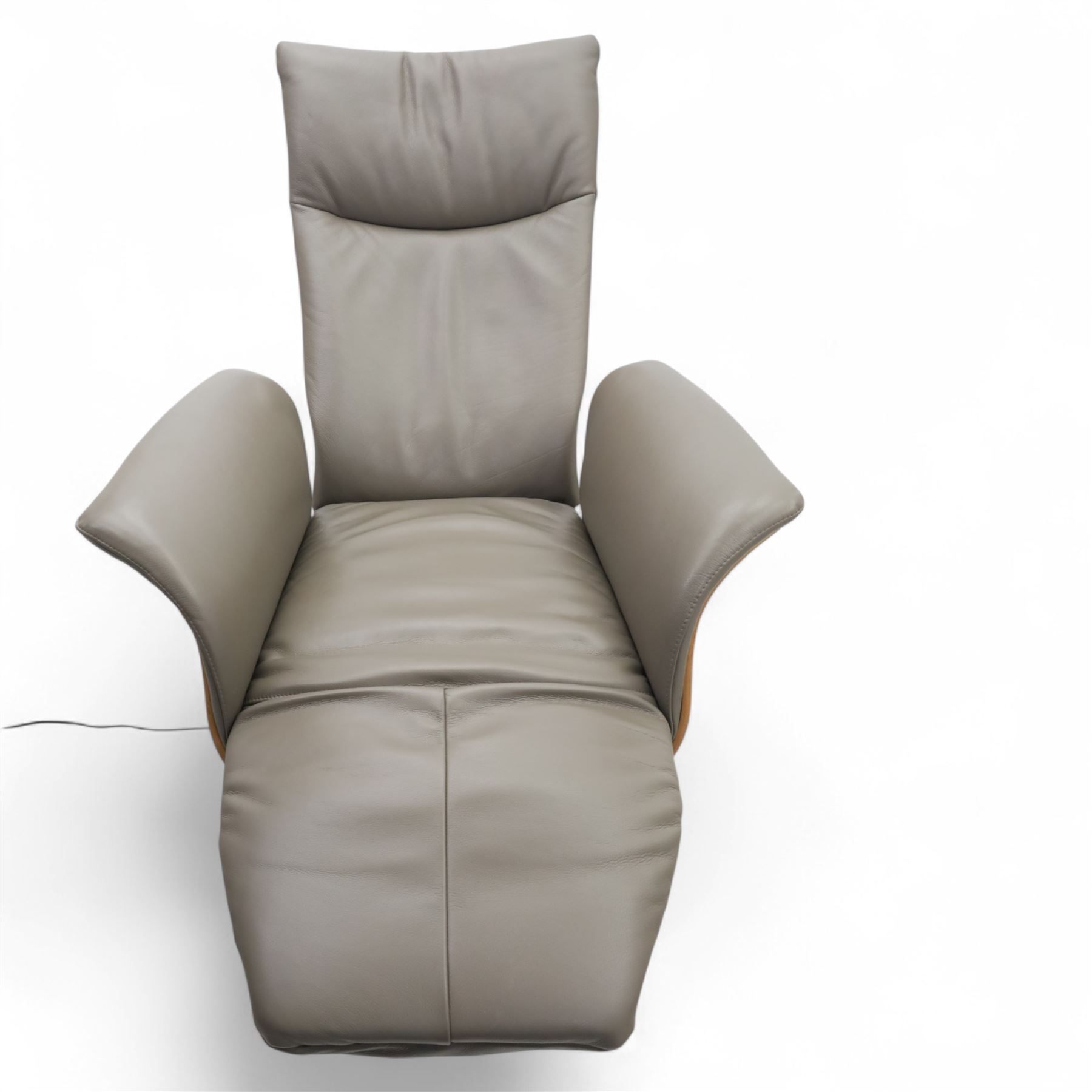 Hjort Knudsen - Danish electric reclining and swivel armchair upholstered in pewter leather, raised on a plywood frame above a five point base