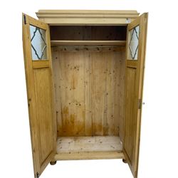 19th century pine double cupboard, fitted with frosted glass doors