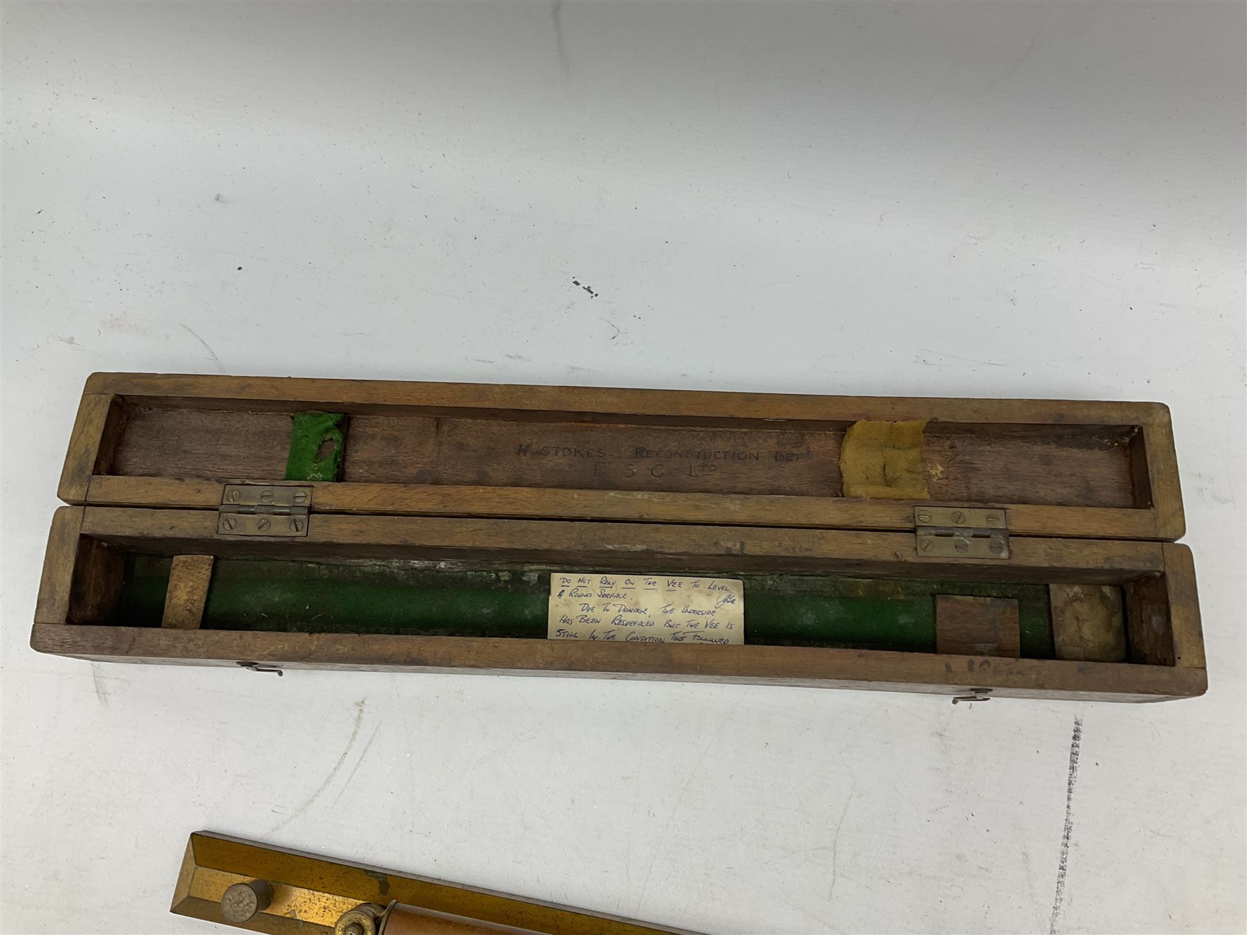 Engineers heavy brass spirit level by J Casartelli & Son, Salford,in original wooden case, box L45cms