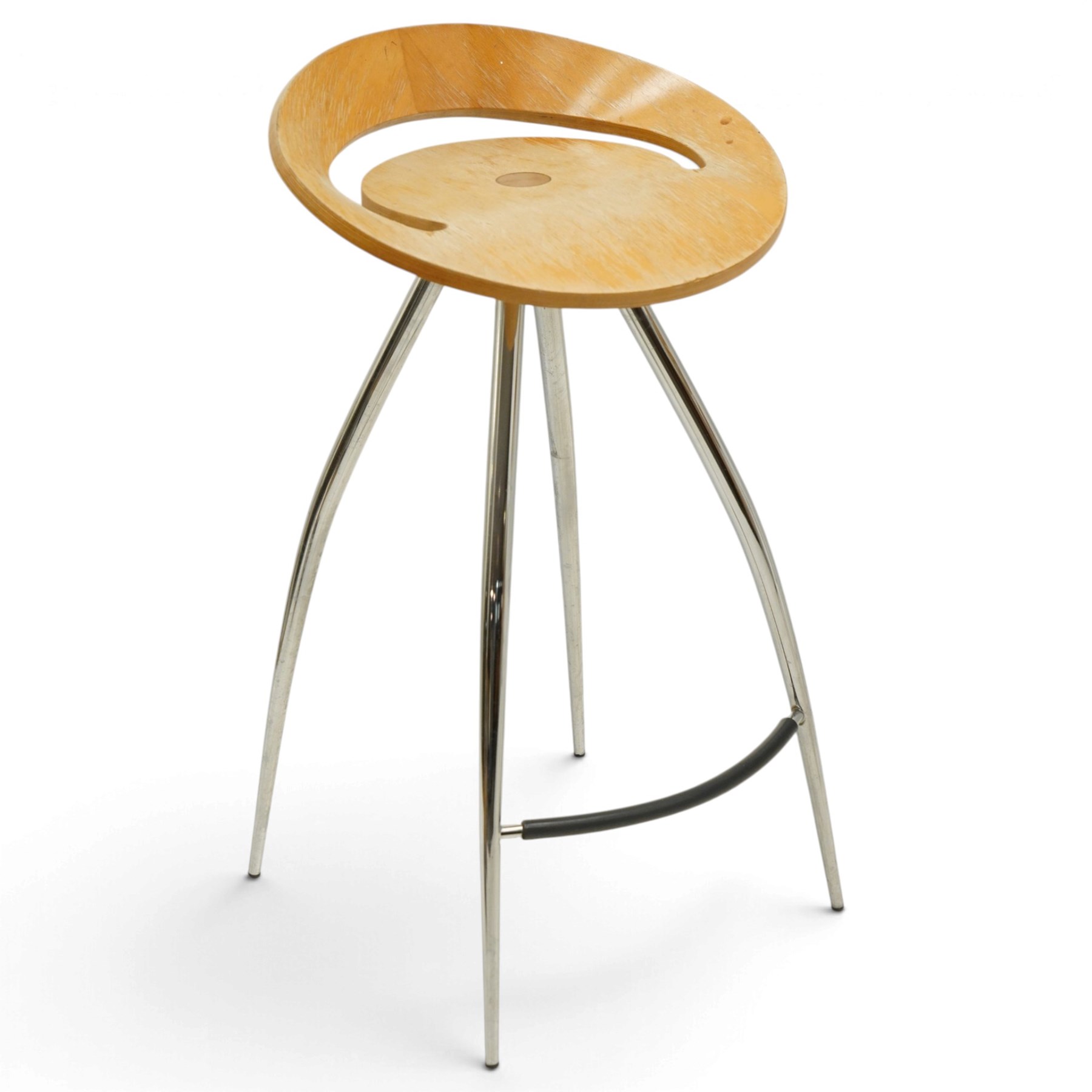 Lyra - set of three bar stools, dished plywood seats with wraparound low backs and crescent apertures, on outward swept chrome supports with contrasting black footrests
