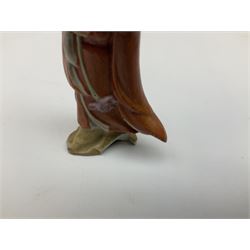 Japanese parquetry puzzle box L12cm; another Japanese puzzle box with marquetry top of Mount Fuji; eleven graduated Chinese figures including immortals; and Chinese figure of a lady standing on a hardwood base next to a horn table (14)