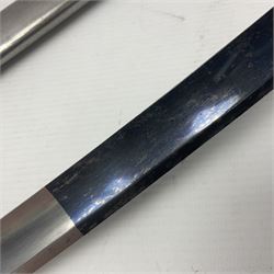 Early 19th century French Lancers officer's sword c1810, the 84cm curving fullered blade retaining most of its bluing, gilding and engraved decoration, inscribed I.S.& C. to ricasso (for Schimelbusch), brass three-bar hilt with elongated elliptical langets and wire-bound leather grip; in polished steel scabbard with two brass suspension rings L100cm overall