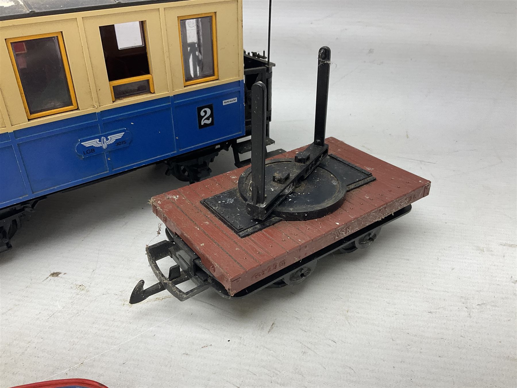 Three LGB (Lehmann Gross Bahn) G scale, gauge 1, rolling stock wagons, comprising two Lake George and Boulder wagons and an Auto Express wagon, together with a LGB passenger coach, other LGB rolling stock and a Lehmann Rigi900 ski lift