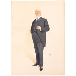 Manner of the Vanity Fair Cartoonists (1869-1914): 'Sir James Williamson' -1st Baron Ashton, gouache indistinctly signed with monogram, titled verso 53cm x 38cm (unframed)
Notes: This appears to be a rare surviving depiction of Sir James Williamson, a famously private individual who was known for shunning formal portraits. Now referred to as 'The Lino King', Williamson took over his father's Lancaster business and built a monopoly on cheap cork linoleum. The Lune Mills factory would employ a quarter of the Lancaster population. Despite controversies regarding his peerage and the possible exploitation of his workforce, his philanthropy and patronage given towards local causes has been highly celebrated. 