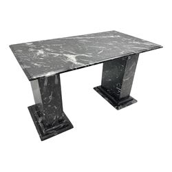 Marble hall table with orthoceras and goniatite inclusions, the rectangular top upon two rectangular stepped plinths, H75cm, L135cm, D78cm 