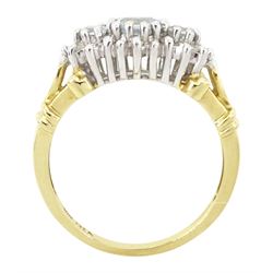 9ct gold aquamarine and diamond cluster ring, three round cut aquamarines, with diamond chip surround and scroll design shoulders, hallmarked