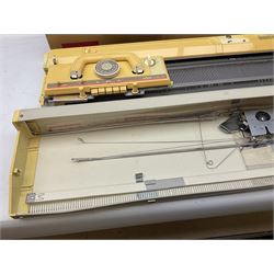  Brother cased knitting machine model KH-890 together with Brother Ribbing attachment model KH-850, knitting machine yarn cones in assorted colours, selection of knitting patterns etc