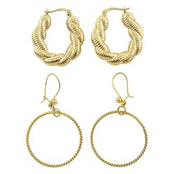 Two pairs of 9ct gold hoop earrings, both hallmarked 9ct 