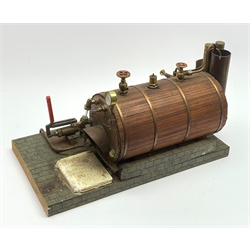 Scale built live steam model of a steam engine, planked clad and coopered copper boiler with brass pipework, manometer and water level gauge, on simulated brick wooden base L49cm H22cm