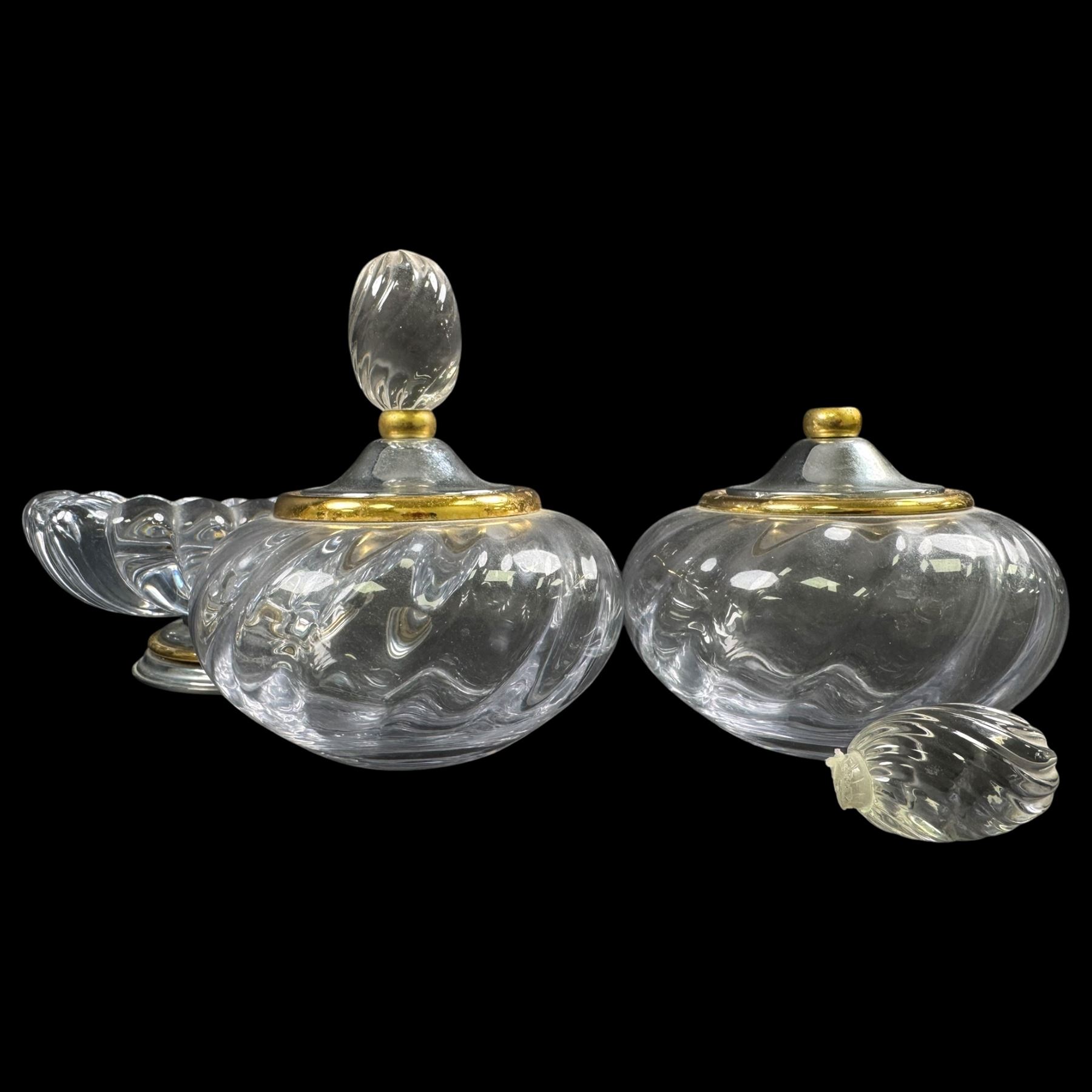  Glass vanity dish and pair of lidded vessels, retailed by Harrods, dish L17cm, H7cm
