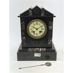  Victorian polished black slate and marble Architectural cased mantel clock with Roman dial, twin train hour striking movement stamped 607, H33cm  