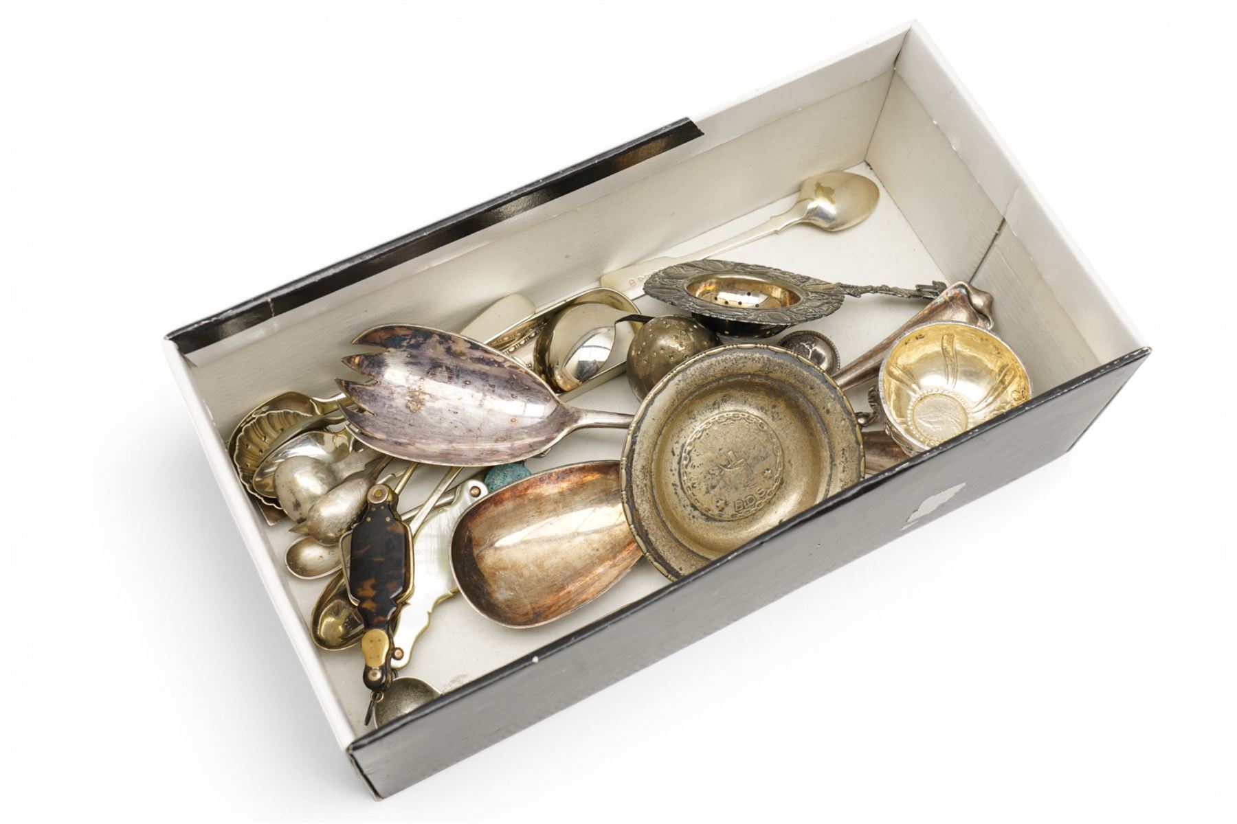 Pair of folding lorgnettes in tortoiseshell case, another in mother of pearl case, 800 standard silver saucer dish 'Stella Polaris', salt inset with a George II coin, plated cutlery etc