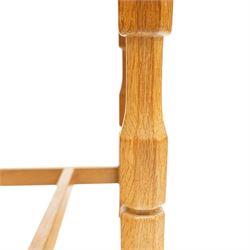 Beaverman - 1980s set of four lattice back dining chairs, shaped top rail above a lattice back, green leather fixed seat, raised on octagonal front supports, with carved Beaver to the back stretcher, by Colin Almack of Sutton near Thirsk