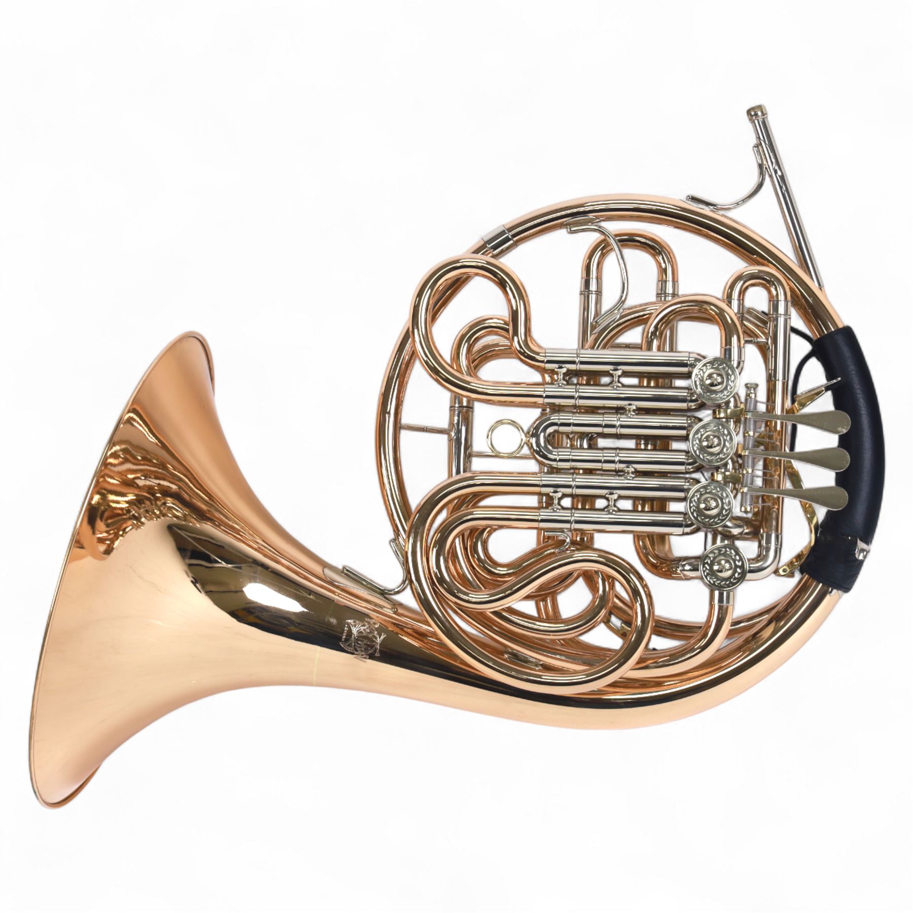 Paxman-Model 25L  French Horn, serial No 3015T. with a fixed bell incorporating the Merewether system of Horn design, in a  yellow lacquered finish with nickel silver valve casings, with Denis Wick precision mute, padded soft carrying case and carrying strap